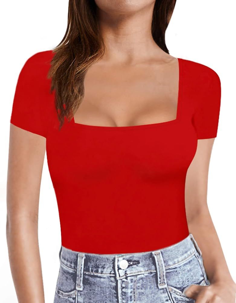MANGOPOP Womens Short Sleeve/Long Sleeve Square Neck T Shirts Tops Tees | Amazon (US)