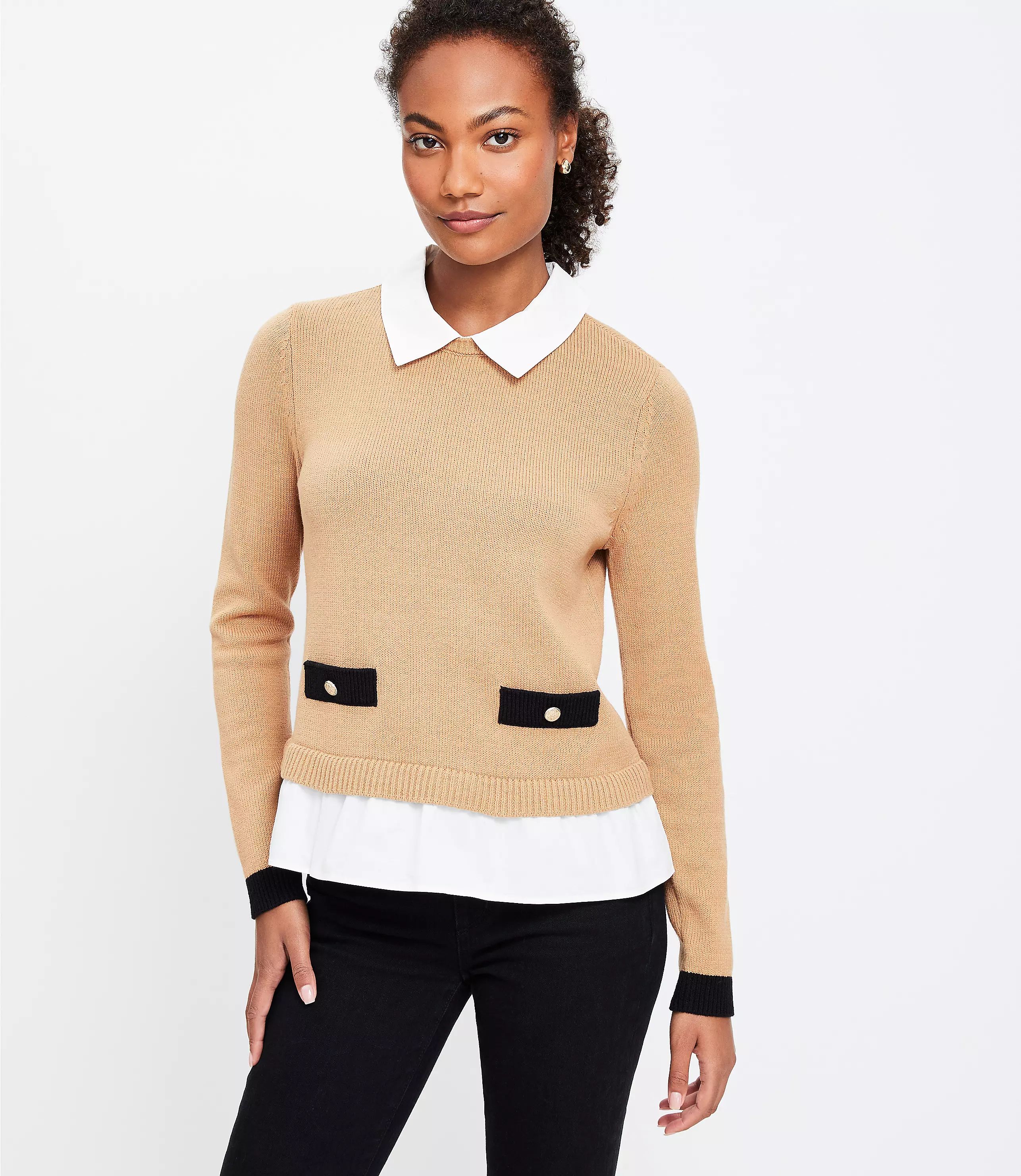 Poplin Layered Mixed Media Sweater | LOFT