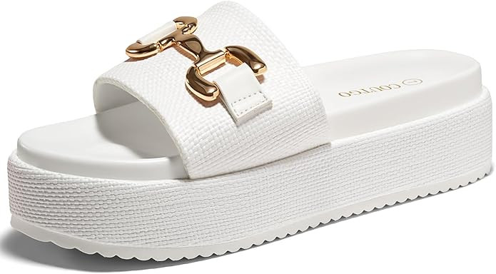Coutgo Womens Platform Sandals Raffia Espadrilles Metal Chain Slip on Open Toe Cute Beach Slide S... | Amazon (US)
