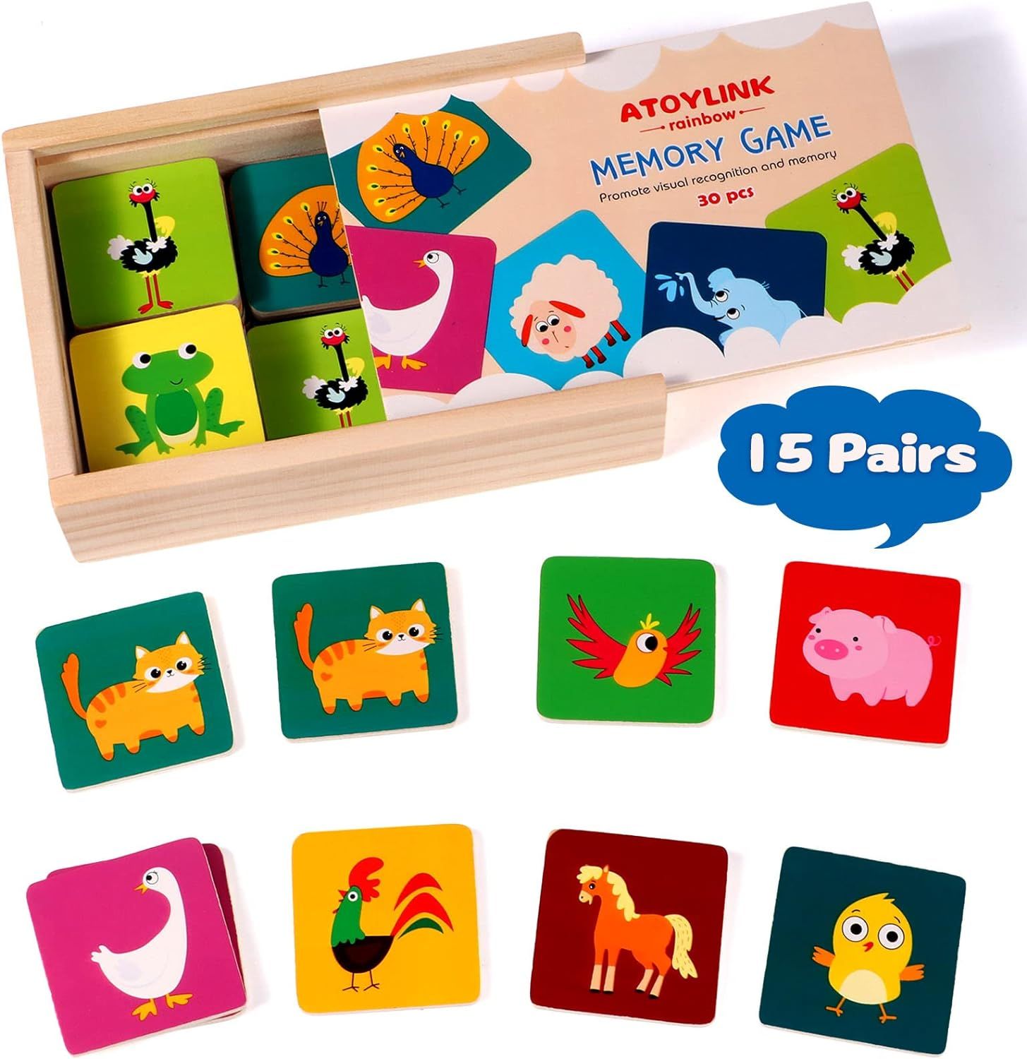 Atoylink Matching Memory Game for Kids 3 and Up - 30pcs Cute Animal Wooden Memory Card Matching G... | Amazon (US)