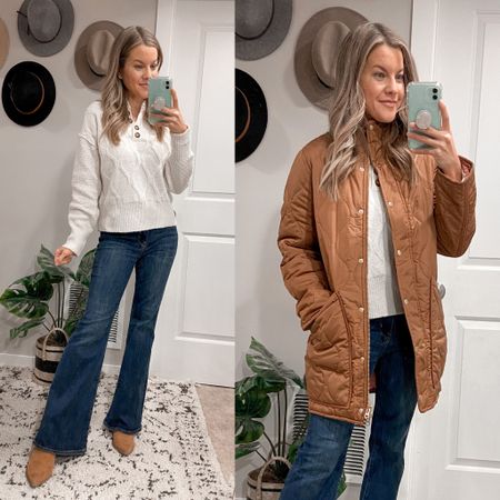 J. Crew Quilted Cocoon Puffer Coat - on sale 57% off right now!
Target Henley Knit Sweater - on sale 30% off right now
AE Flare Jeans

#LTKstyletip #LTKunder100 #LTKsalealert