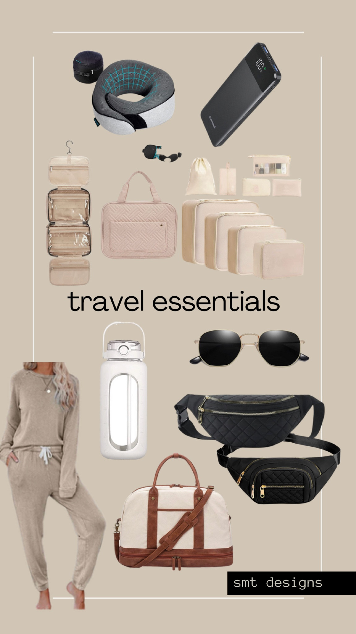 Spring break travel essentials! 

Women’s lounge set, glass water bottle with silicone sleeve, black sunglasses, black leather white and brown weekendsr bag, neutral packing cubes, neutral travel toiletry bag, black travel neck pillow, wireless power bank 

#LTKtravel #LTKFind #LTKunder50