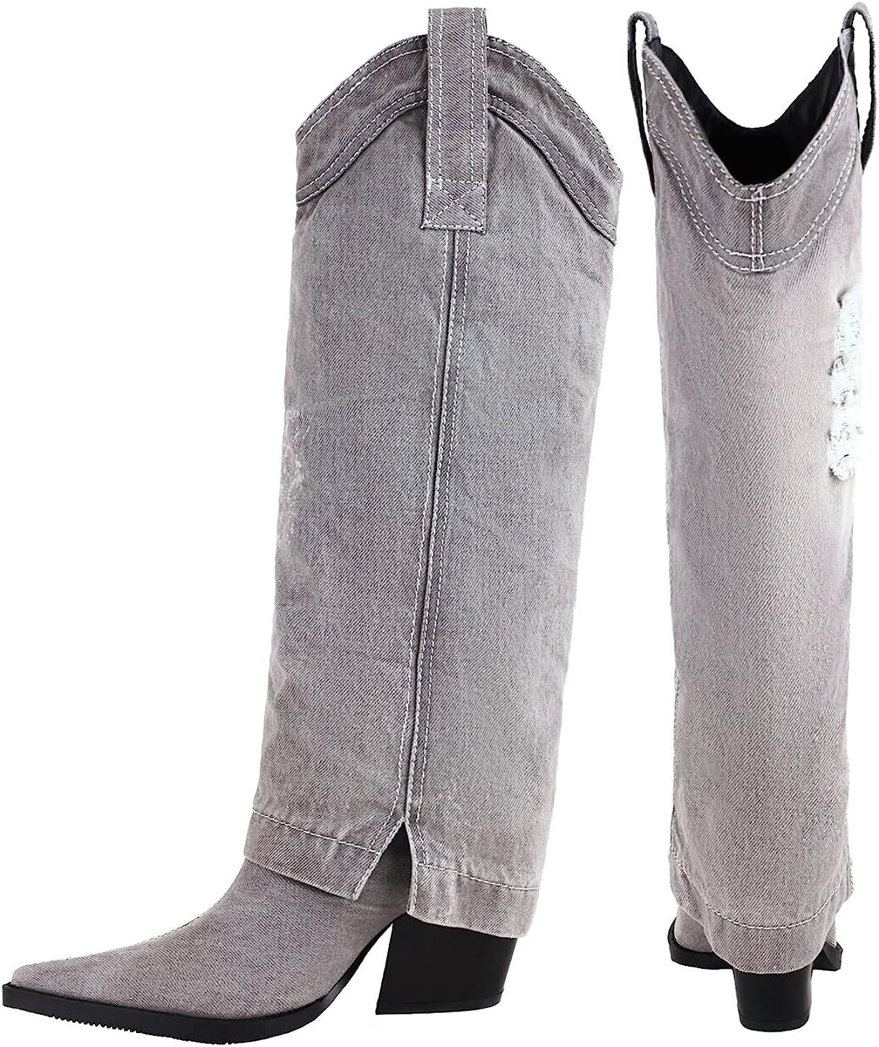 Reitoye Womens Western Cowboy Denim Knee High Boots Chunky Mid Heel Boot | Amazon (US)