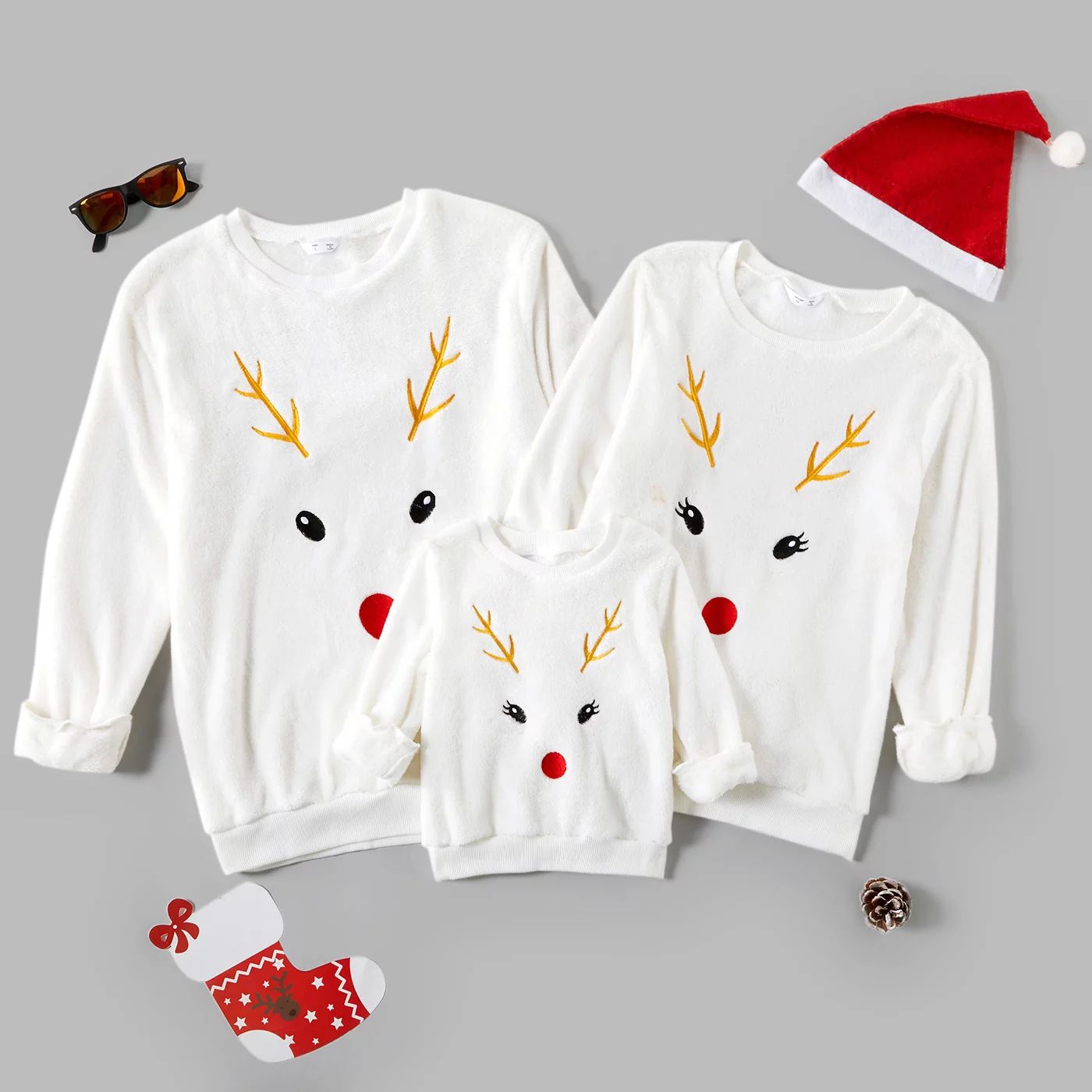 PatPat Christmas Deer Antlers Embroidered White Family Matching Long-sleeve Fleece Pullovers（Ba... | Walmart (US)