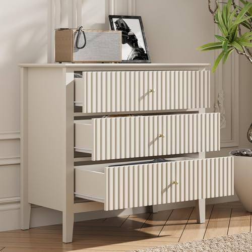 RoyalCraft Beige Fluted 3 Drawer Dresser, 32 inch Wide Dresser Nightstand for Bedroom, Modern Wood Chest of Drawers, Large Painted Nightstand with 3 Drawers for Closet, Hallway, Entryway | Amazon (US)