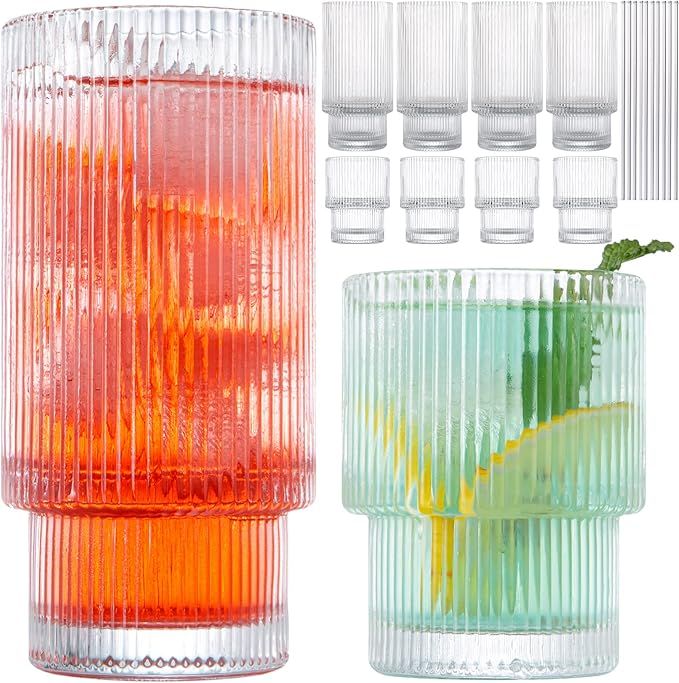 Claplante Drinking Glasses, Origami Style 8 pcs Glass Cups with straw, 4 Highball Glasses & 4 Roc... | Amazon (US)