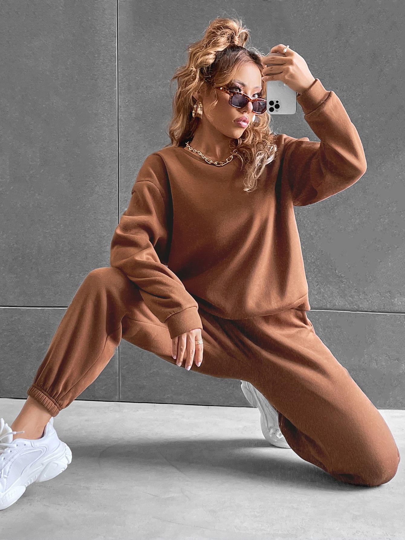 Solid Drop Shoulder Sweatshirt & Sweatpants | SHEIN