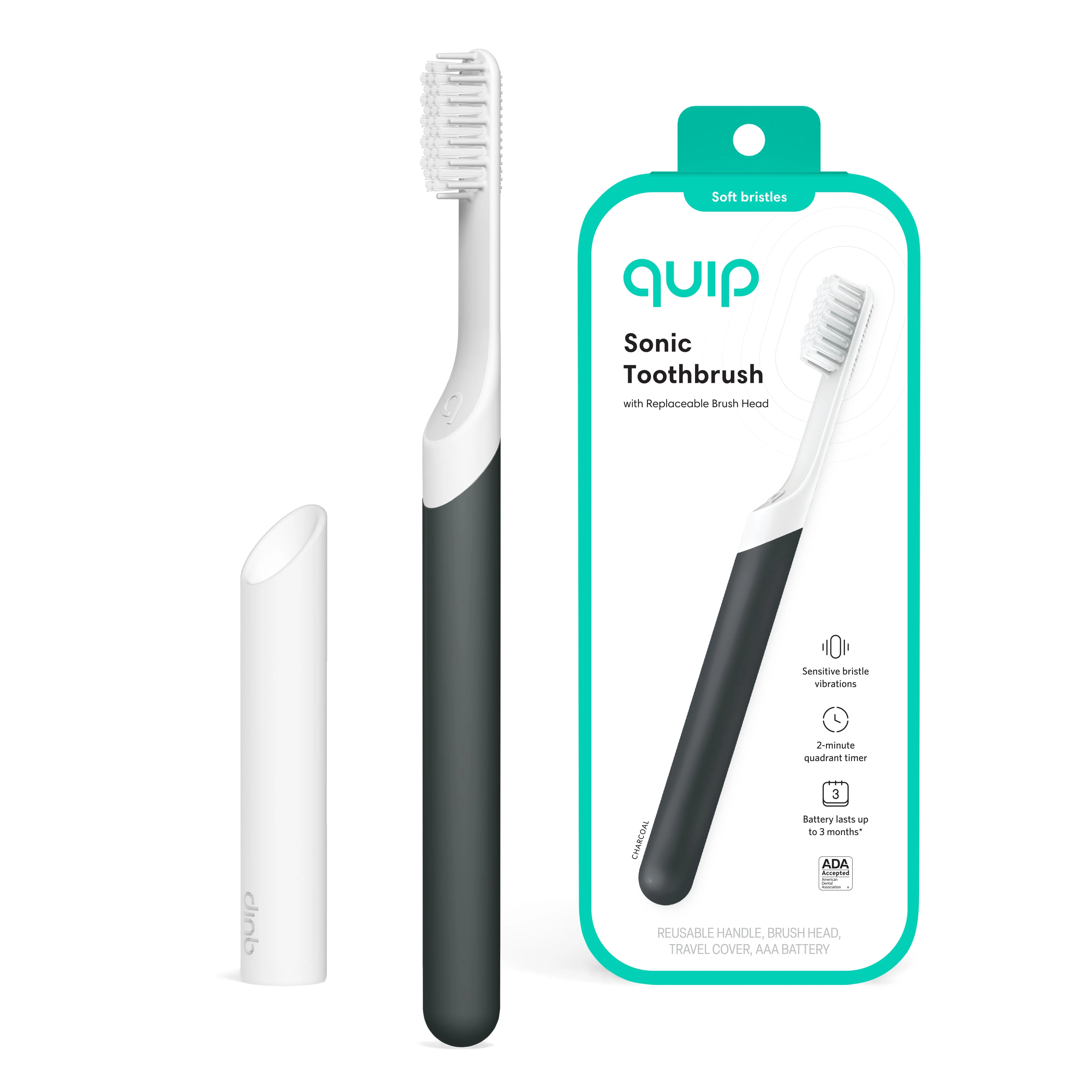 Quip Adult Electric Toothbrush Full Head, Built-in Timer + Travel Case, Charcoal Plastic | Walmart (US)