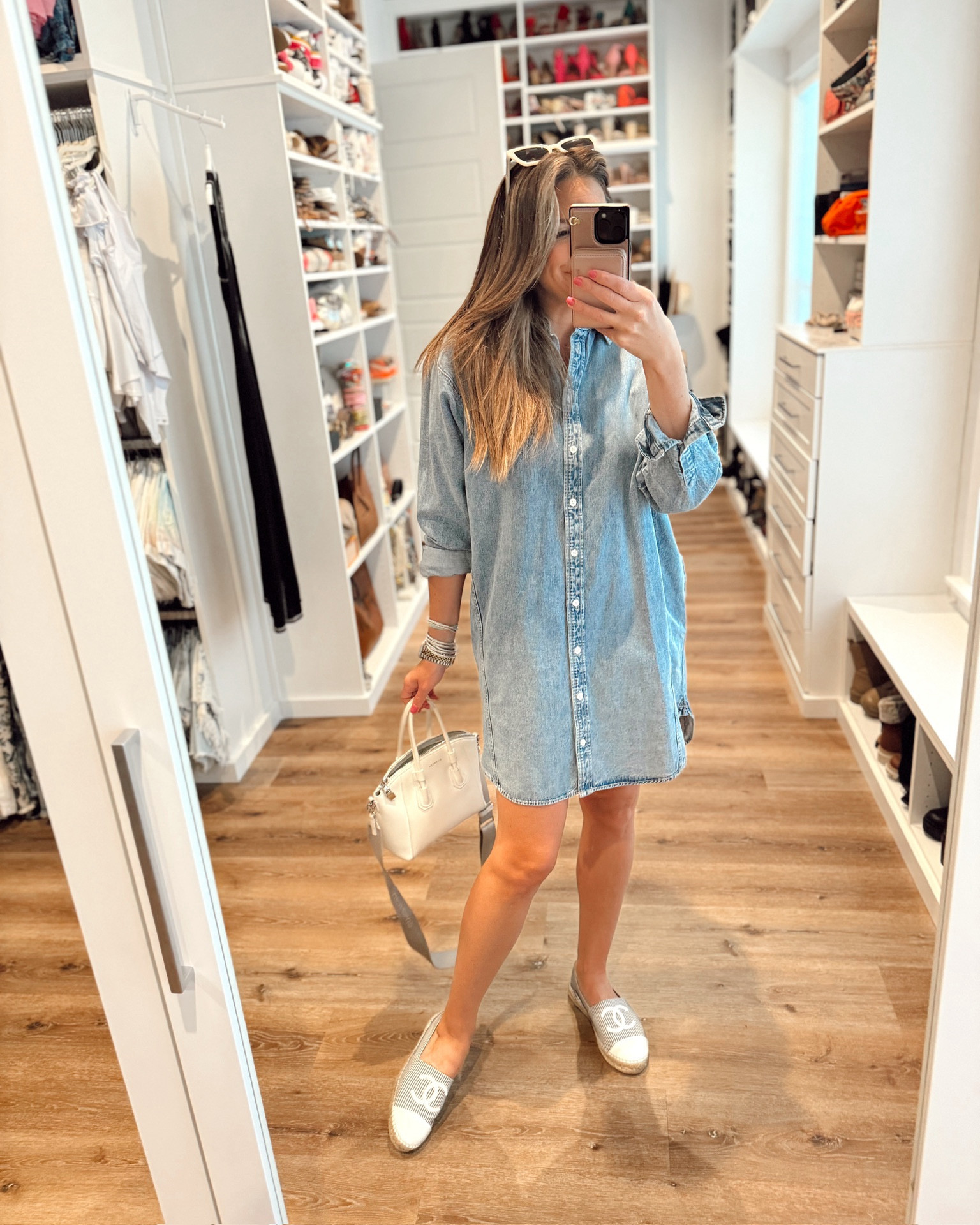 In a small long sleeve denim shirt dress, espadrilles, sunglasses and accessories for spring outfit - all fits TTS.

#LTKstyletip #LTKSeasonal #LTKfindsunder50