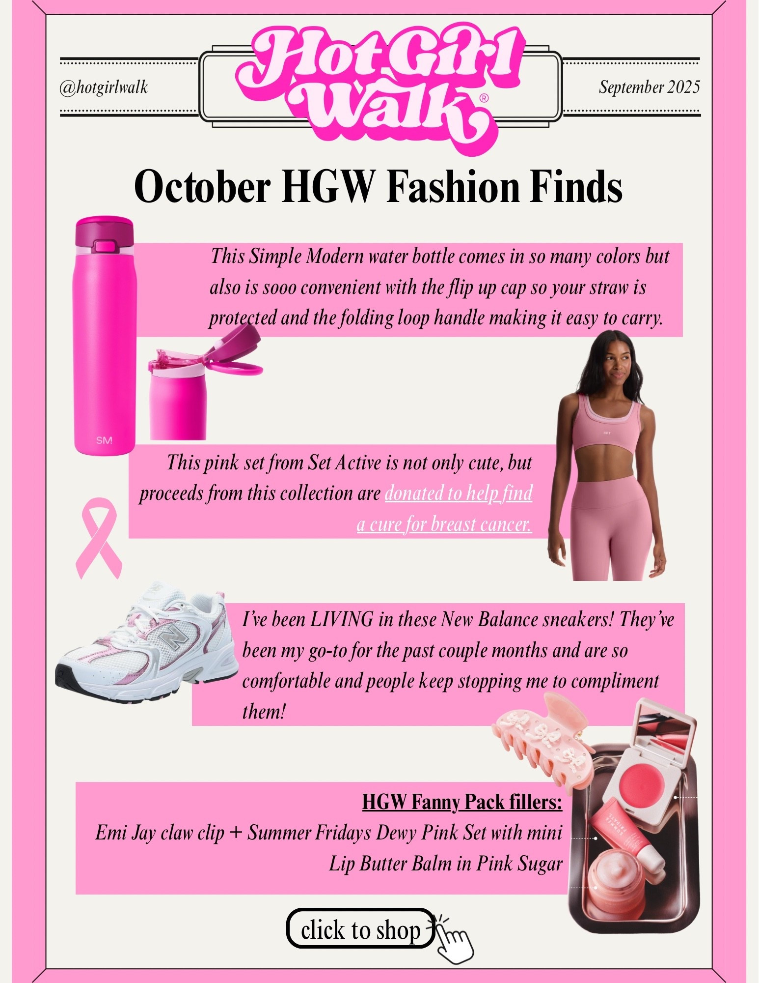 Hot Girl Walk finds that not only are cute, but support a good cause 🎀 I added various of my HGW favs and brands/products that are donating proceeds to help find a cure for Breast Cancer. 

#LTKSeasonal #LTKFindsUnder100 #LTKActive