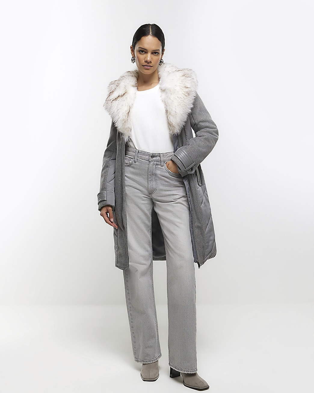 Grey faux fur collar belted jacket | River Island (UK & IE)