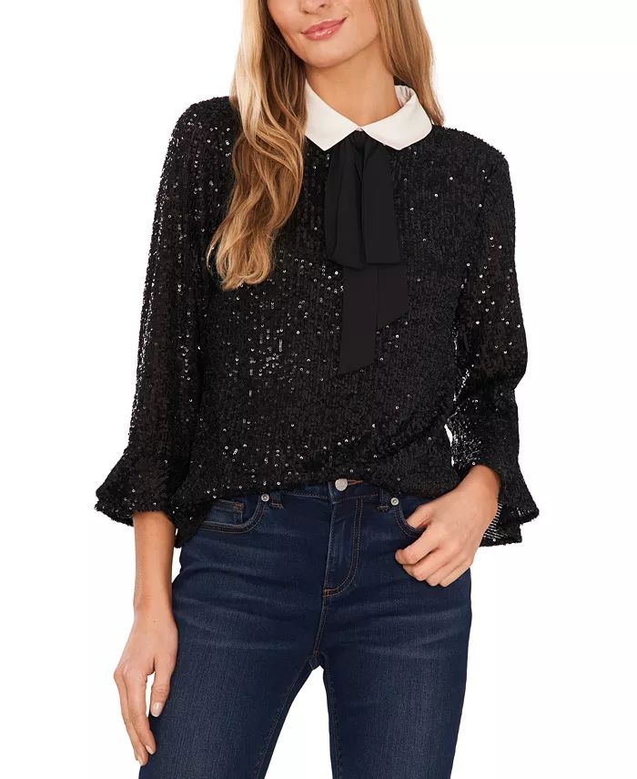 CeCe Women's Ruffled-Sleeve Collared Sequined Bow-Tie Blouse  & Reviews - Tops - Women - Macy's | Macys (US)