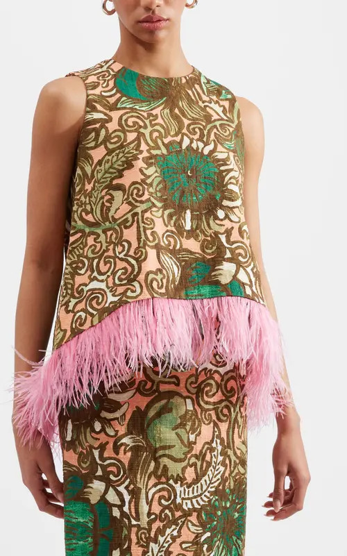 La DoubleJ La Scala Top With Feathers Anemone Pink Olive at Nordstrom, Size Large | Nordstrom