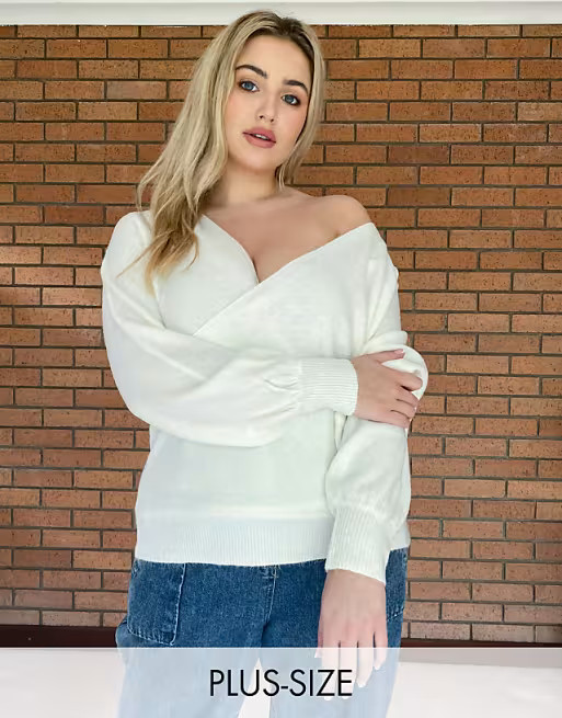 Ever New Curve Knitted wrap off shoulder sweater in ivory | ASOS (Global)