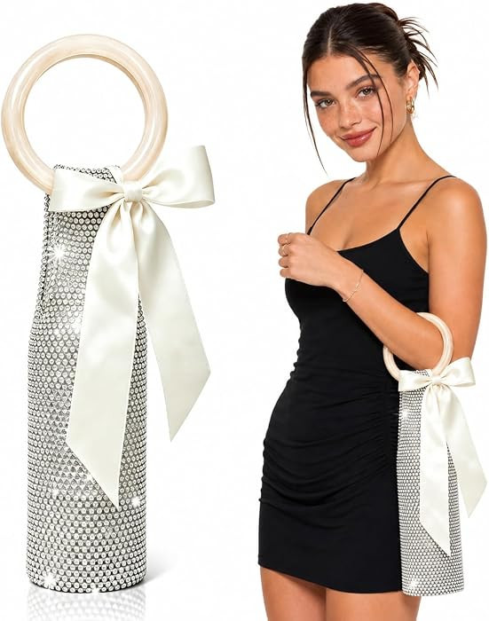 Stylish Resin Handle Wine Pouch with Satin Bow, Rhinestone Wine Gift Bag | Amazon (US)
