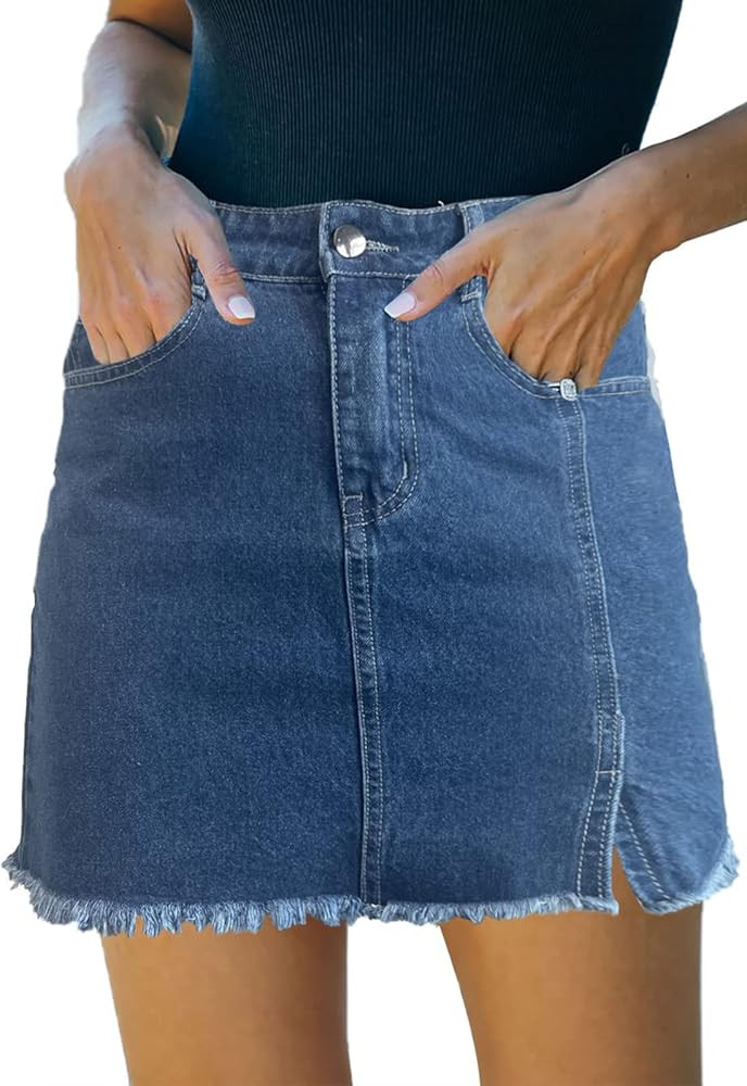 HERBATOMIA Women’s Denim Mini Skirt High Waist Casual Split Hem Washed Frayed A-line Jean Skirt... | Amazon (US)