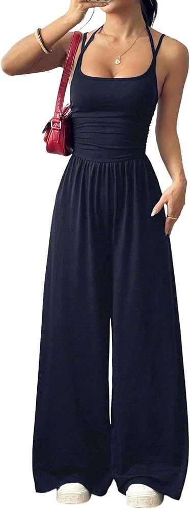 Women\u2019s Wide Leg Jumpsuit, Backless Spaghetti Strap Sleeveless One Piece Outfit, Dressy Casu... | Amazon (US)