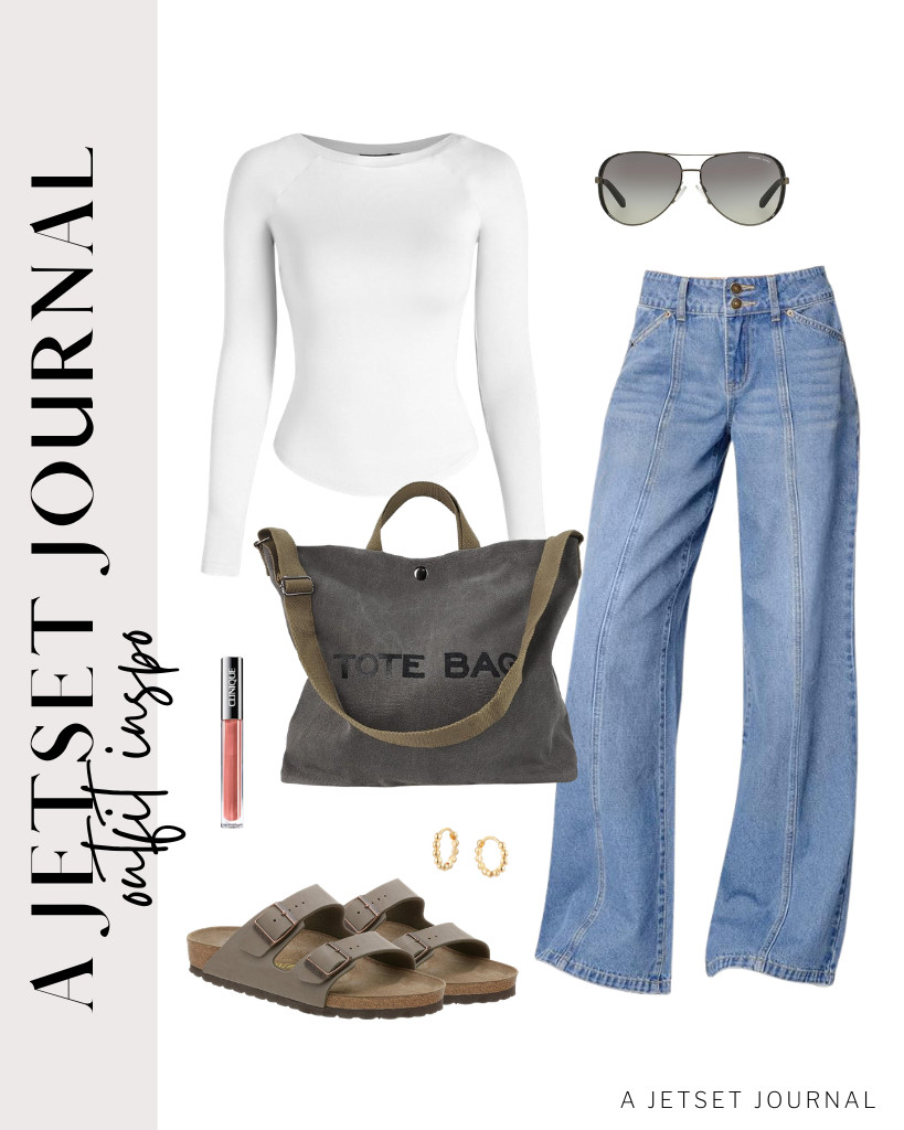 This fit starts with a white long-sleeve crewneck top and Sidefeel wide-leg jeans, perfect for running errands. I paired them with gold huggie hoop earrings, these comfy Birkenstock sandals, and a spacious canvas tote bag. Add these Michael Kors aviator sunnies and apply Clinique's creamy lip gloss to complete the outfit.

#LTKSeasonal #LTKSaleAlert #LTKTravel 

 