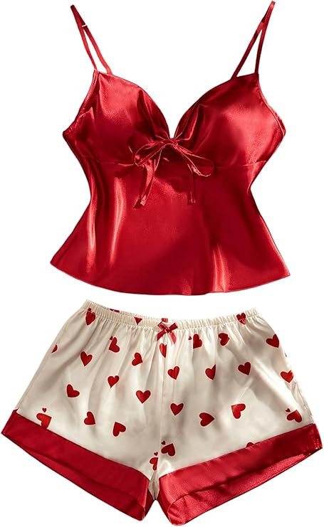 Floerns Women's 2 Piece Pajama Set Satin Bow V Neck Cami Tops and Heart Print Shorts Set | Amazon (US)
