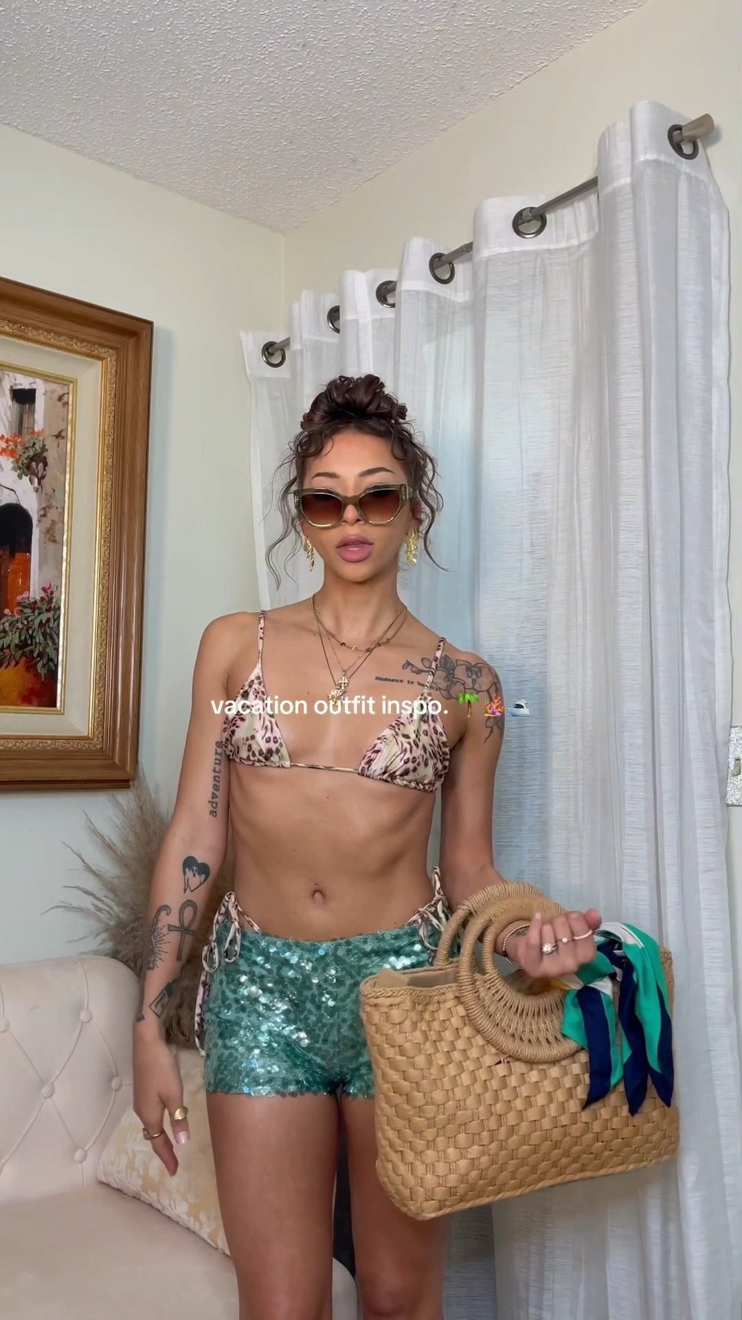 vacation outfit inspo. 🌴🪸🛥️ she’s giving miamiiii ✨ 

Size up once in the shorts! (I’m a size AU 8)

|| beach outfit inspo, beach outfit idea, sequin shorts, micro shorts, hot pants, sequin shorts, leopard bikini, beach outfits, vacation outfits, spring break outfits, pool party outfit, summer outfit inspo 