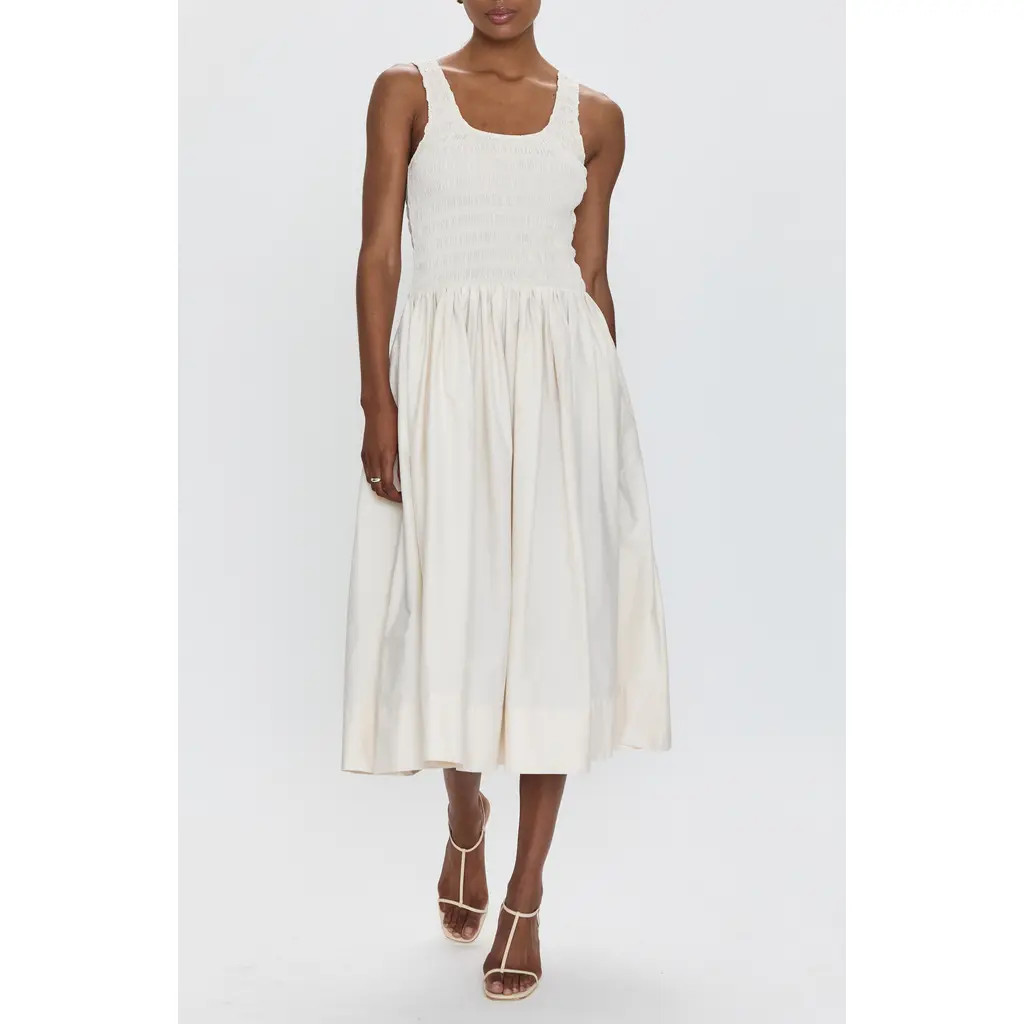 Pistola Alessia Smocked Drop-Waist Stretch Cotton Midi Dress in Shell at Nordstrom, Size Medium | Nordstrom