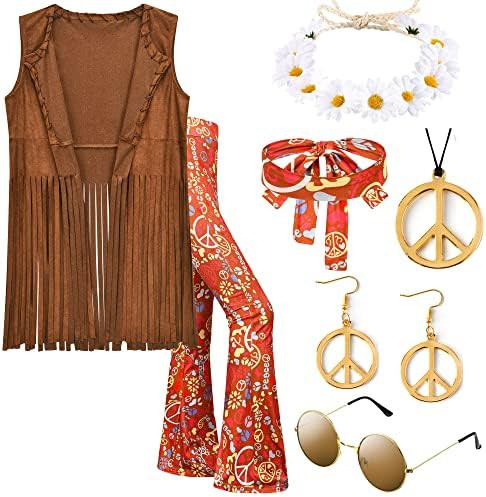70s Costume for Women,Hippie Fringe Vest Outfits,60s Decades Clothes Pants,Hippy Glasses,Headband... | Amazon (US)