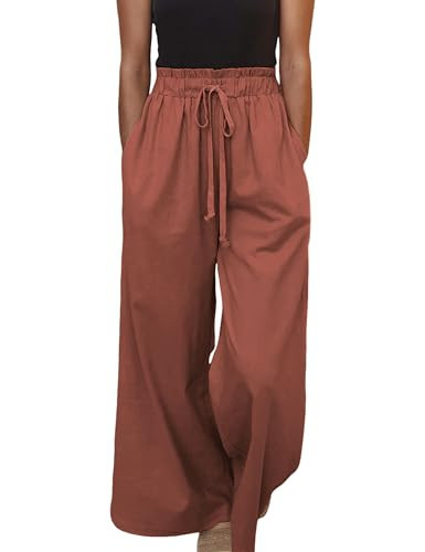 Yeokou Women Linen Cotton Wide Leg Pants Drawstring Elastic High Waist Casual Palazzo Trousers with Deep Pockets(Red-L) | Amazon (US)