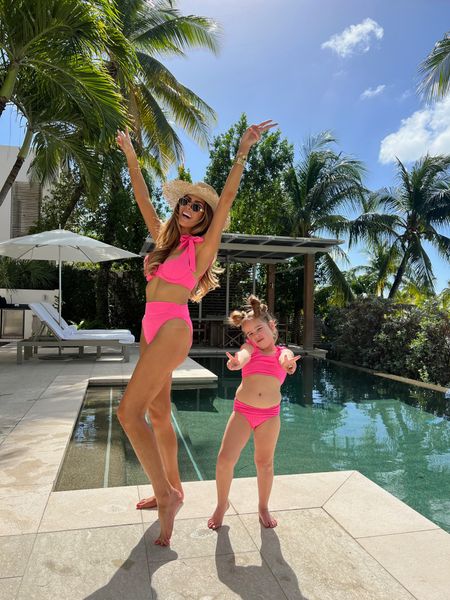 I’m wearing a size medium in top and small in bottoms! I wish I had gotten a medium in the bottoms. This brand tends to run a little small so I def say size up. Sophia is wearing 5-6 & is usually a 4t  

Vacation outfit, matching swimsuits, hot pink bikini, beach outfit, pool outfit, summer fashion, spring break inspo, Celine sunglasses, gold sunglasses, Emily Ann Gemma, resort wear, sun hat, beach hat 

#LTKtravel #LTKkids #LTKswim