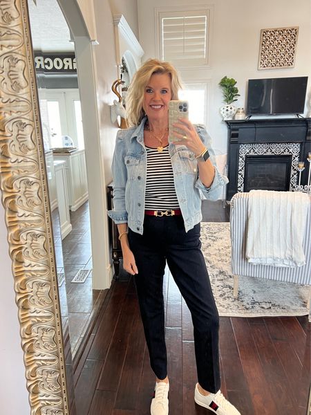 #ootd

Spanx Navy pinstrip perfect pant (a slim straight leg)  flat front no pockets  fit tts

🚨SAVE 10% off all Spanx with my CODE: DEARDARCYXSPANX

Navy and white stripped tee. 3/4 sleeve Chicos fits tts

Denim jacket with puff sleeves. Size up runs small 
But it’s so cute

Bow earrings heart necklace love

Frankie4 red white stripe tennis shoes so comfy with support 


#LTKover40 #LTKworkwear #LTKstyletip