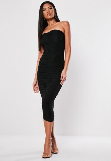 Black Extreme Ruched Bandeau Bodycon Midi Dress | Missguided (UK & IE)