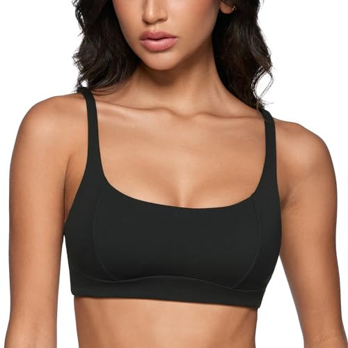 INGIA Women's Square Scoop Neck Sports Bra Thin Strap Padded Low Impact Yoga Bra Wireless Workout Crop Top Black X-Large | Amazon (US)