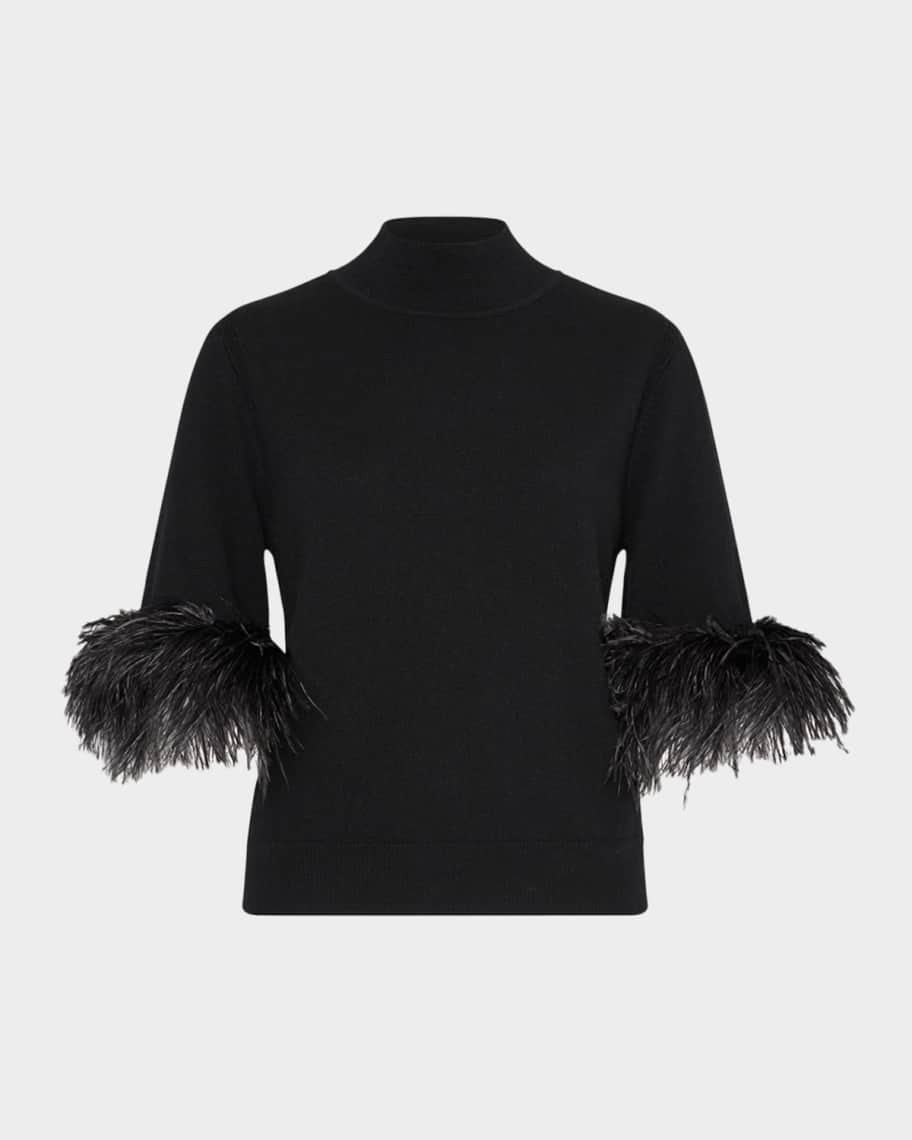 Mock-Neck Feather Cuff Sweater | Neiman Marcus