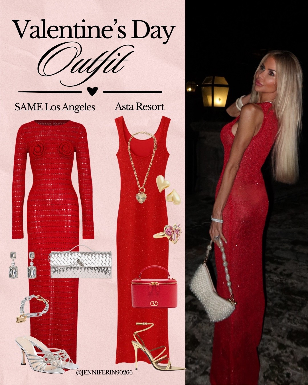 Loving these SAME Los Angeles and Asta Resort dresses for Valentine’s Day—pure romance and drama in every shimmer.  ❤️✨💕❤️

Pair the SAME Los Angeles long-sleeve knit with silver metallic Gucci heels and a woven clutch, or style the Asta Resort slinky silhouette with gold strappy sandals and a Valentino Garavani red vanity bag.  

❤️ Shop both looks plus heart-shaped jewelry for your sweetest date night yet!