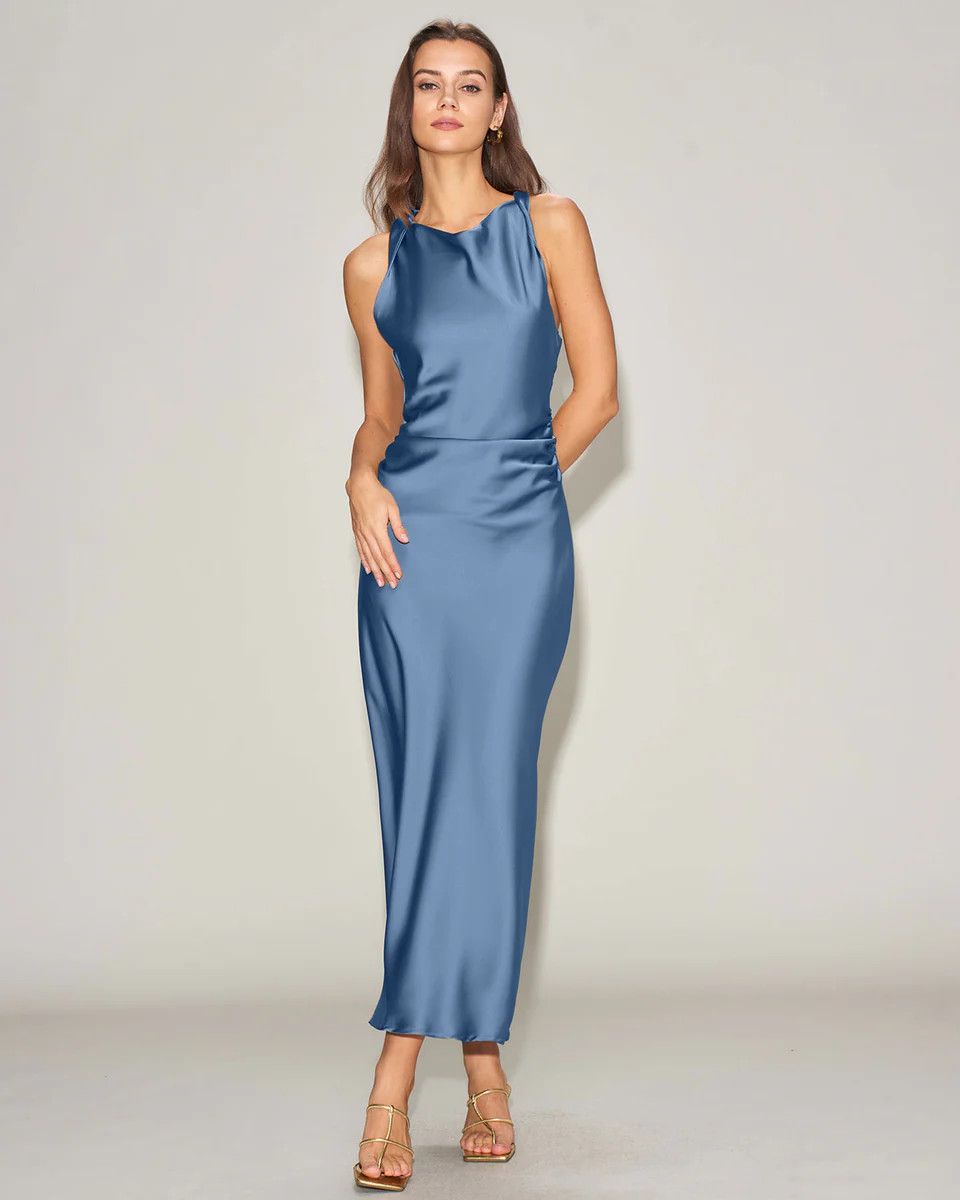 Blue Satin Boat Neck Slip Midi Dress | rihoas.com