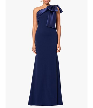 Betsy & Adam Satin Bow One Shoulder Scuba Crepe Sleeveless Mermaid Gown | Dillard's | Dillard's