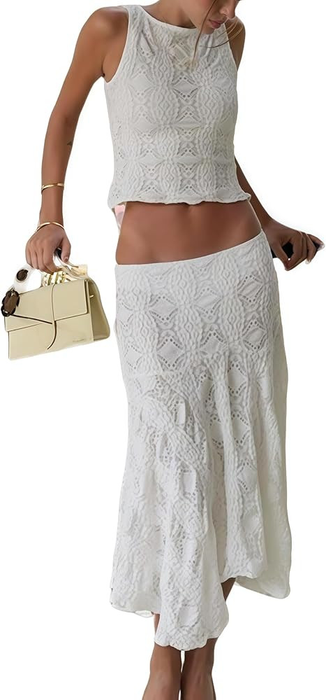 Two Piece Skirt Set for Women Sleeveless Floral Print Lace Tops Irregular Midi Skirt Trendy Summe... | Amazon (US)