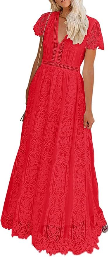 MEROKEETY Women's V Neck Short Sleeve Floral Lace Wedding Dress Bridesmaid Cocktail Party Maxi Dr... | Amazon (US)