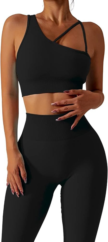 QINSEN Workout Sets for Women Seamless Sports Crop Tops High Waisted Leggings Two Piece Outfits | Amazon (US)