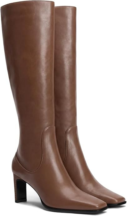 Coutgo Knee High Boots Women Square Toe Chunky Heel Zipper Dress Tall Boots | Amazon (US)