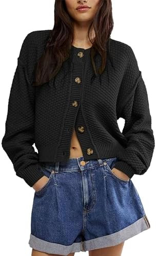 Women's Oversized Cropped Cardigan Sweater Open Front Long Sleeve Button Down Knit Outwear | Amazon (US)