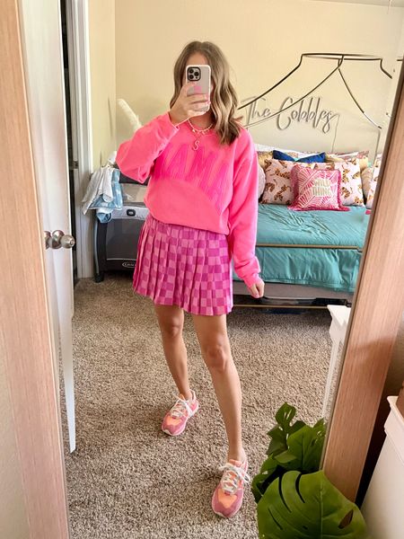 Monochromatic look! 
Mama crewneck from United monograms 
Pleated athletic skort from target 
New balance shoes 
Pearl necklaces 


#LTKstyletip #LTKunder100 #LTKunder50