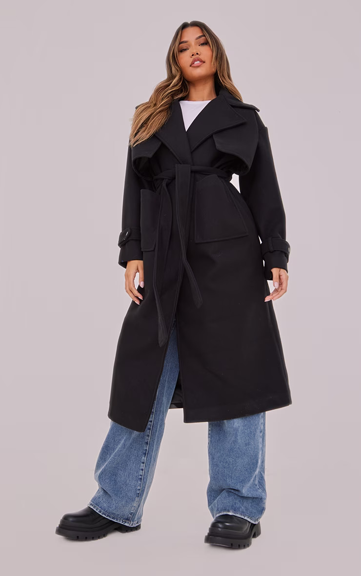 Black Maxi Panel Detail Belted Coat | PrettyLittleThing US