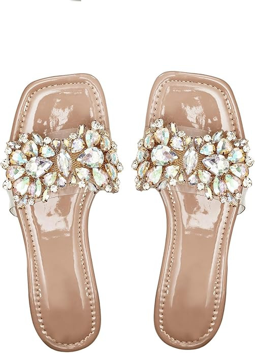 Verdusa Women's Rhinestone Clear Flat Sandals Square Toe Slides Sparkle Transparent Sandals | Amazon (US)