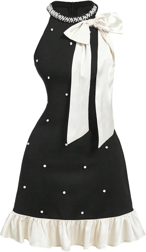 Floerns Women's Cute Bowknot Halter Dress Pearl Beaded Ruffle Hem Party Mini Dresses | Amazon (US)