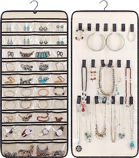 MISSLO Dual-sided Hanging Jewelry Organizer with 40 Pockets and 20 Hook & Loops Closet Necklace H... | Amazon (US)