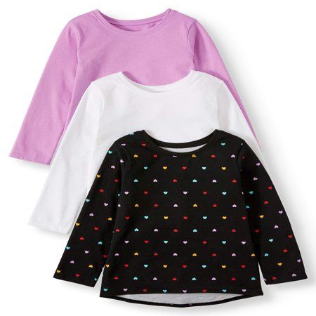 Garanimals Long Sleeve Solid & Print T Shirt, 3pc Multi-Pack (Toddler Girls) | Walmart (US)