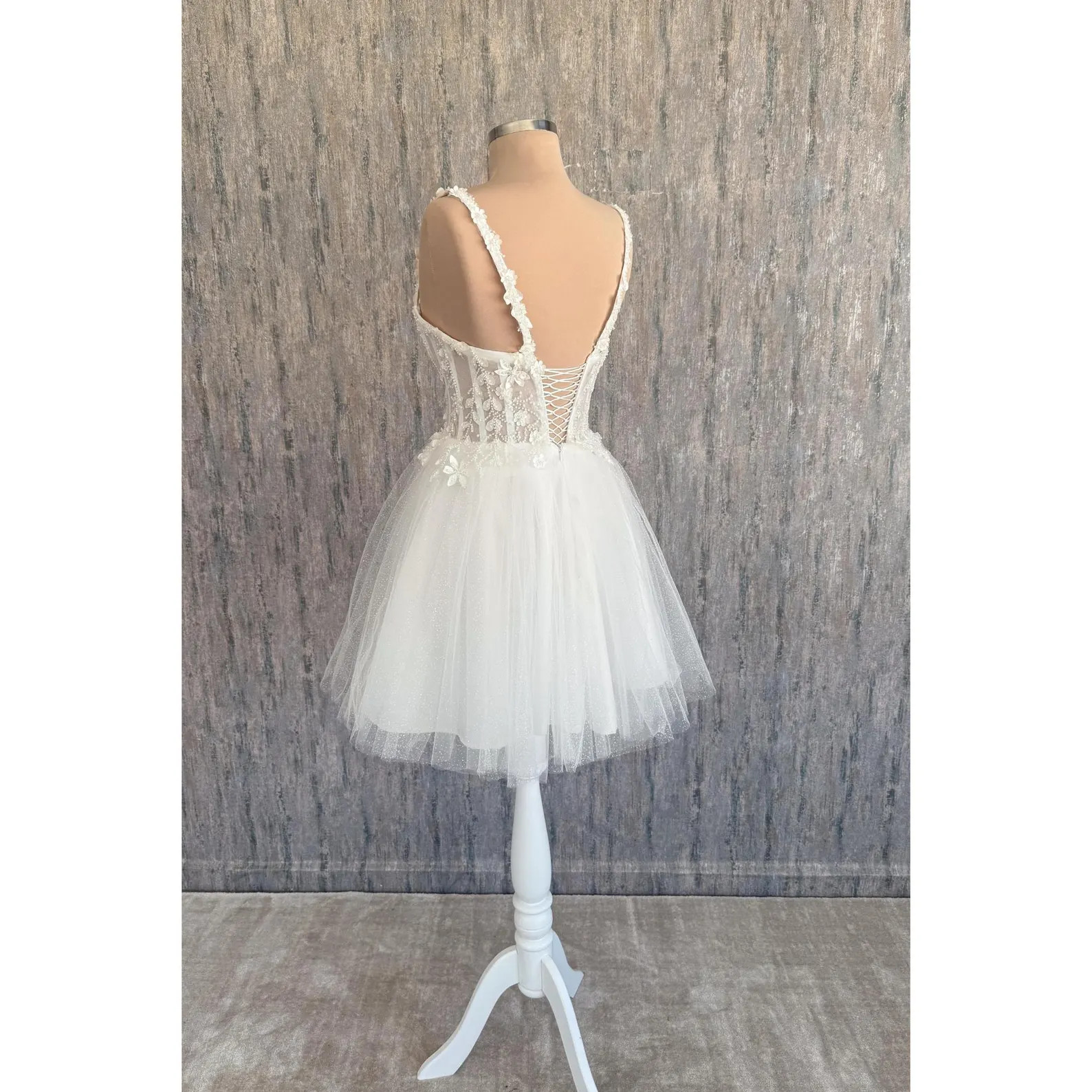 White Glitter Tulle Mini Wedding Dress: 3D Floral Lace Corset - Etsy | Etsy (US)