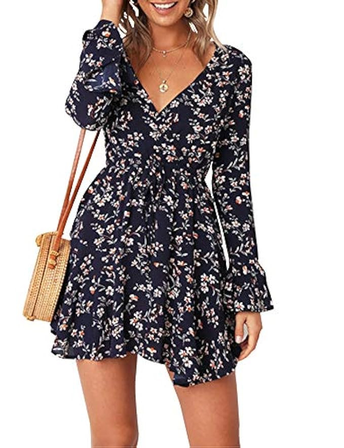 Relipop Women's Dress Floral Printed Deep V-Neck Flare Long Sleeve Short Dresses | Amazon (US)