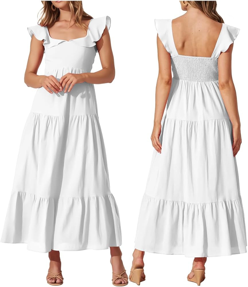 Women's Summer Sleeveless Ruffle Dresses 2024 Square Neck Smocked Backless Boho Flowy Beach A-Lin... | Amazon (US)