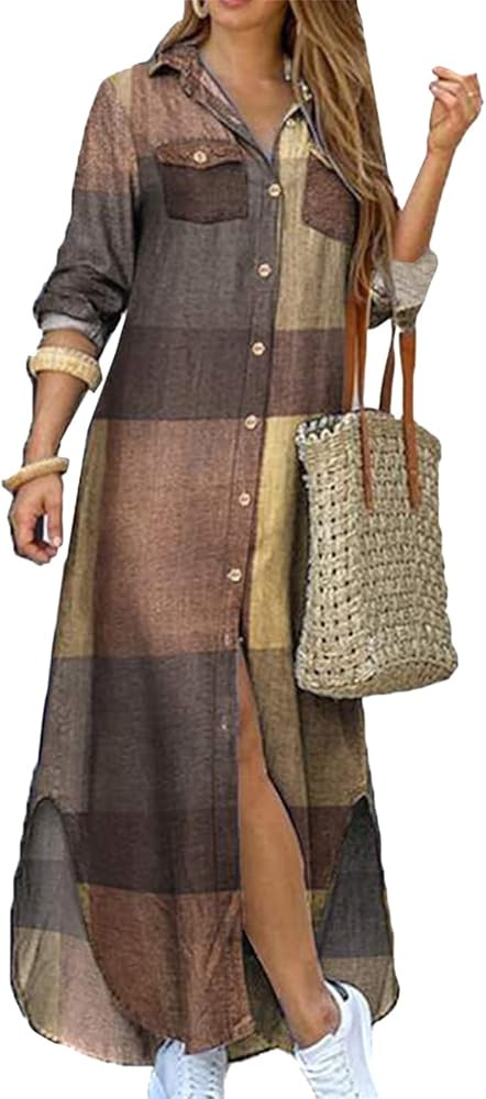 YMING Womens Long Sleeve Button Down Shirt Dress Casual Floral Print Maxi Dresses Loose Fit Blous... | Amazon (US)